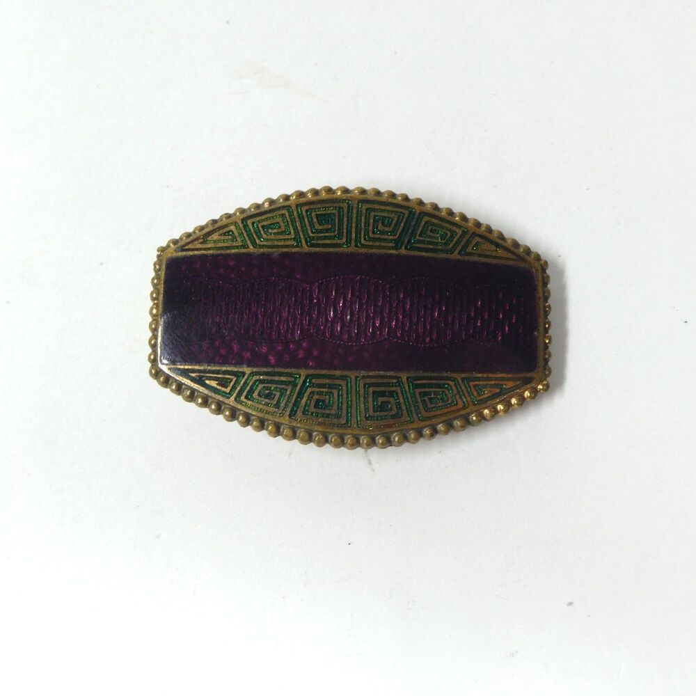 Purple Guilloche Enamel Buckle Greek Key Brass Antique Czechoslovakia